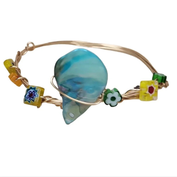 Mother of Pearl Lampwork Beads Glass Flower 14K Gold Plated Copper Bangle - Picture 1 of 3